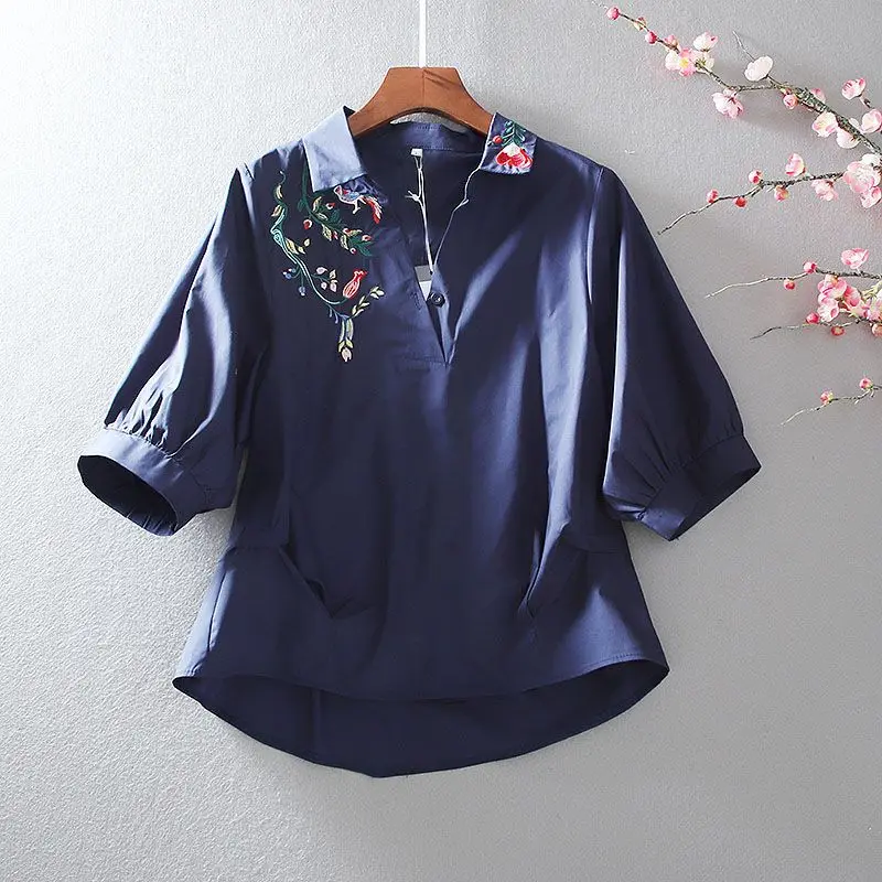 Vintage Embroidery Flower Front Short Back Long Shirt Women\'s Shirt Fresh Fashion High Waist Slim Versatile Lapel V Shirt Women