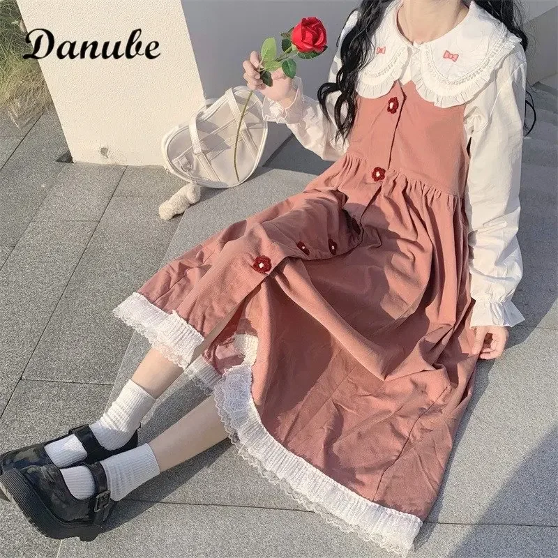 Vintage Long Sleeves Lolita Dress Women Japanese Kawaii Peter Pan Collar Shirt+High Waist Strap Midi Dress Female Party Vestidos