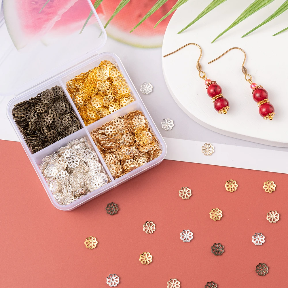 1600pcs/box 4 Colors 8-Petal Hollow Tiny Bead Caps Flower End Caps Bead Spacer Bulk for Necklace Bracelet Earring Jewelry Making