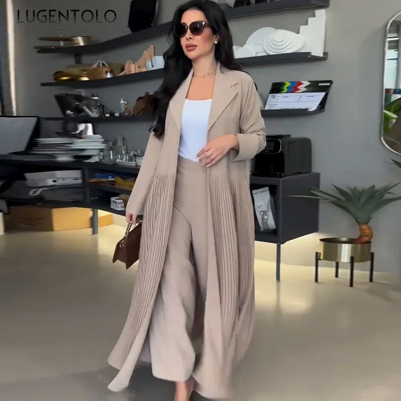 

Women Long Trench Simple Pant Sets Temperament Pressed Coat Fashion Solid Lady Elegant Elastic High Waist Casual Trousers Set