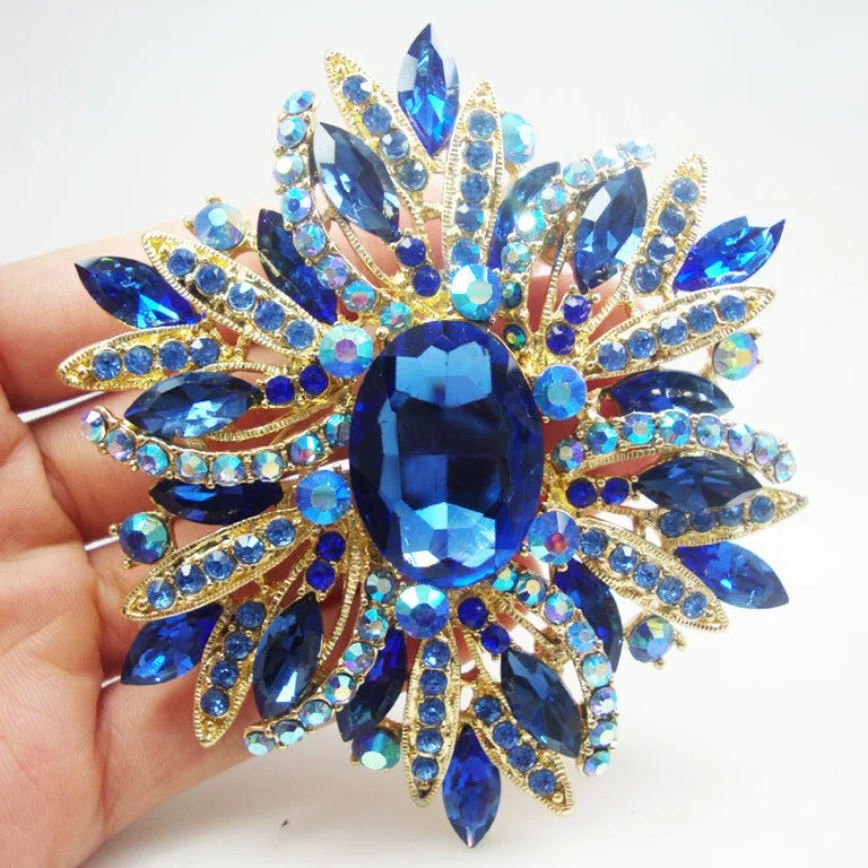 Fashion Luxury Design Vintage Style Blue Oval Flower Pendant Brooch Pin Rhinestone Crystal Gold Tone Multi-color Selection