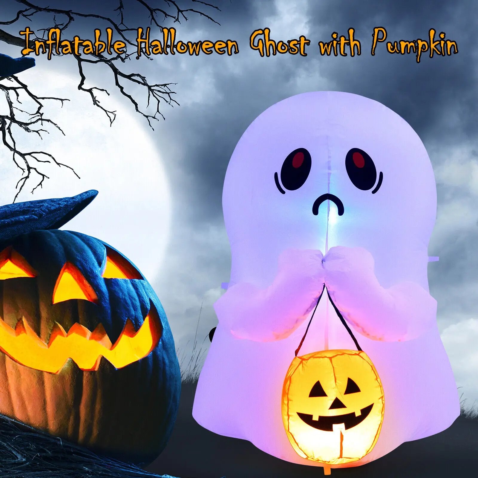 Costway 4' Halloween Inflatable Ghost Holding Pumpkin Blow up Holiday Decor w/LED Lights