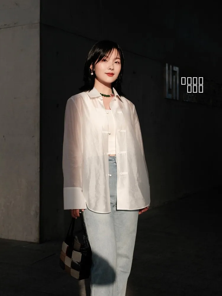 

Женская свободная дышащая прозрачная футболка-топ на пуговицах в китайском стиле с широким воротником и защитой от солнца