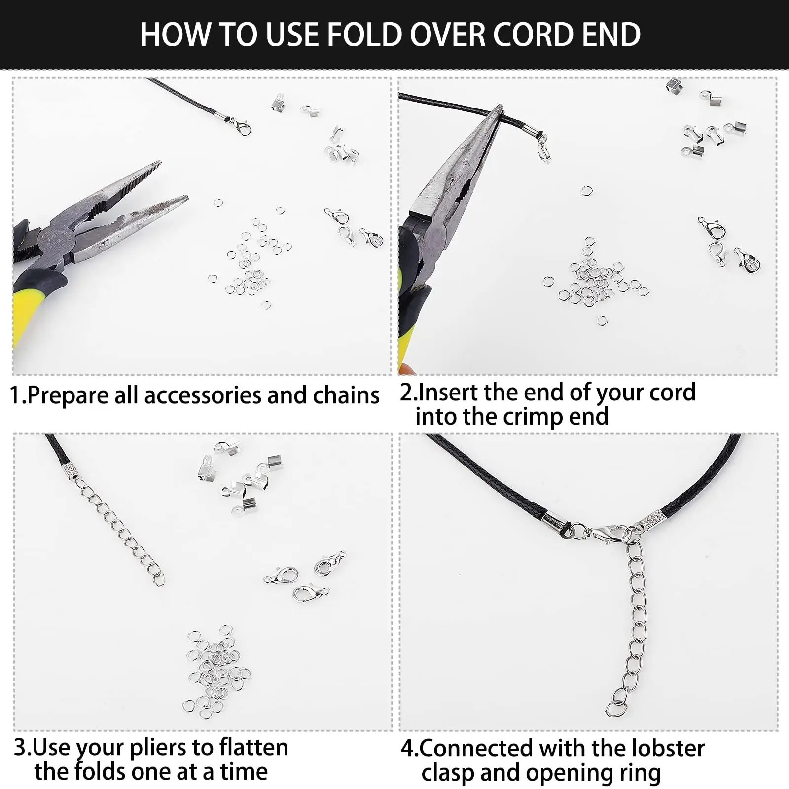450pcs Include 200 Fold Over Cord End Caps Crimp End Tips 200 Jump Ring Connectors and 50 Lobster Claw Clasps for Jewelry Making - view 3