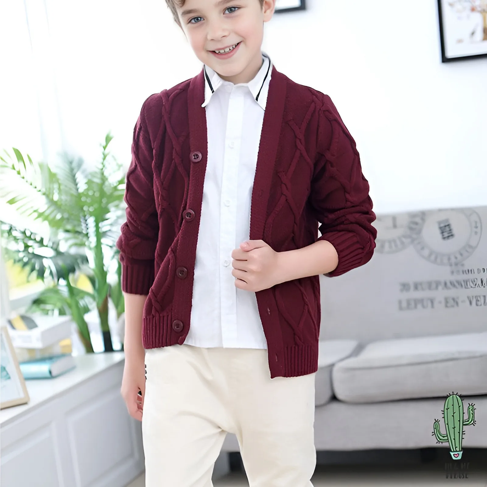 Hot Sales Spring Autumn Boys Sweater Solid Color Keep Warm Knitting Jacquard Weave V-neck Cardigan For 2-10 Years Old Kids