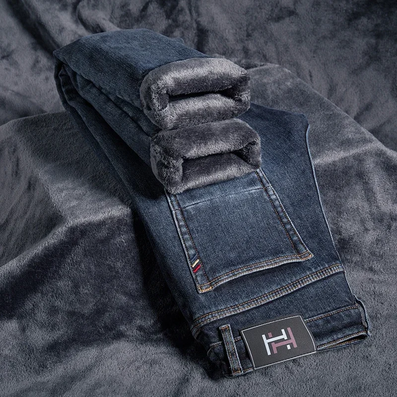 

Зимние утолщенные теплые мужские плюшевые брюки, брендовая одежда, мужские флисовые джинсы, прямые тонкие эластичные модные деловые джинсовые брюки