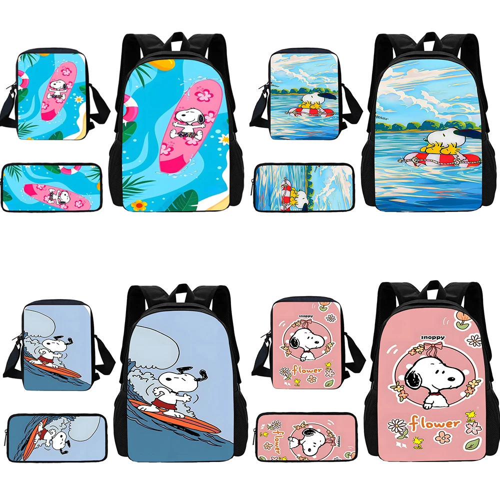 3 pcs set Cute Anime Snoopys Child School Backpack with Lunch Bags ,Pencil Bags ,School Bags for Boys Girls Best Gift