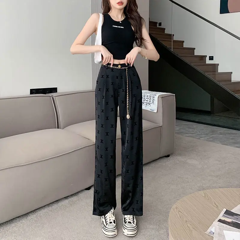 

Flocking acetate satin suit wide leg pants for women's summer thin 2023 new high waisted drape ice silk floor mop pants