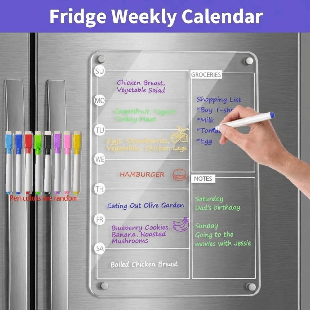 

Reusable Fridge Weekly Calendar Multifunctional Transparent Erasable Memo Board with 8 Markers Frameless