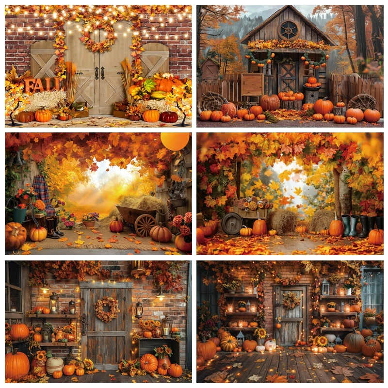 Autumn Thanksgiving Photography Backdrop Fall Barn Wooden Door Harvest Background Pumpkin Baby Shower Portrait Photographic Prop