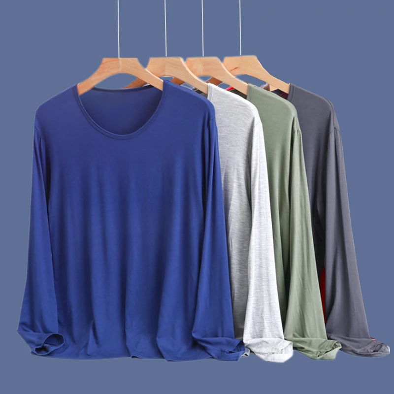 Modal Men's Large Size Long Sleeve round Neck Base Shirt Spring Autumn Thin Home Clothes Loose T-shirt Underwear Top