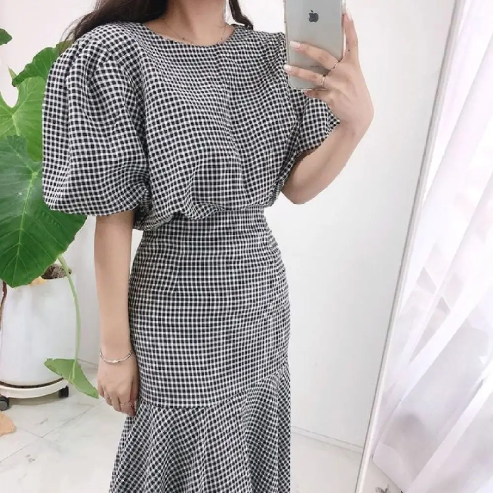 Women's Summer Elegant Plaid 2 Two Piece Dress Set Puff Sleeve Crop Top & High Waist Fishtail Skirts Korea Style