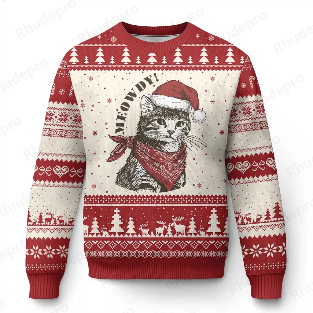 Funny Cartoon Cat Xmas Ugly Christmas Sweater New Samurai Cat Graphic Sweatshirts Holiday Party Jumper Sweaters Men's Clothing