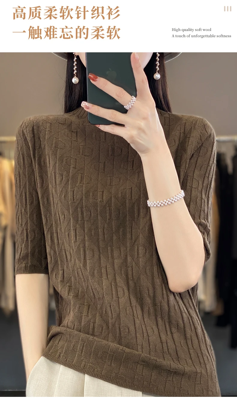 Women New Soft Diamond Letter Design Sweater Half-high Collar Three Quarter Sleeve Pullover Spring Summer Casual Knit Slim Top