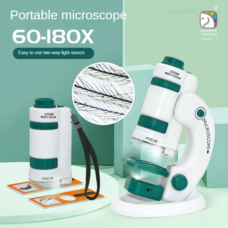   Microscope portatif 60-180x, ensemble d'expérimentation scientifique avec lumière LED, jouet de maternelle, jouets d'exploration en plein air pour enfants