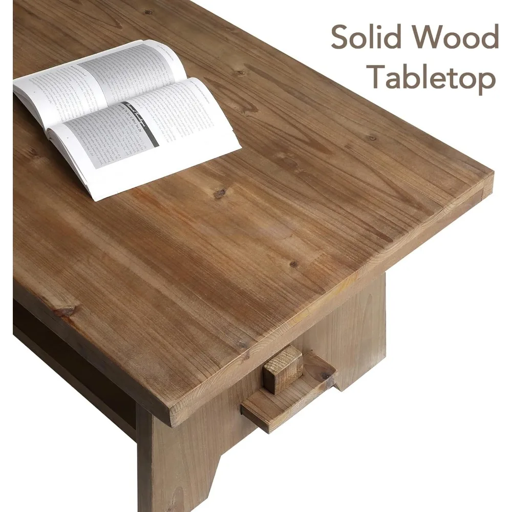 농가풍 나무 커피 테이블 - 거실용 43.4인치 미드 센추리 모던 목재 커피 테이블, 솔리드 전나무 테이블탑 직사각형 Co