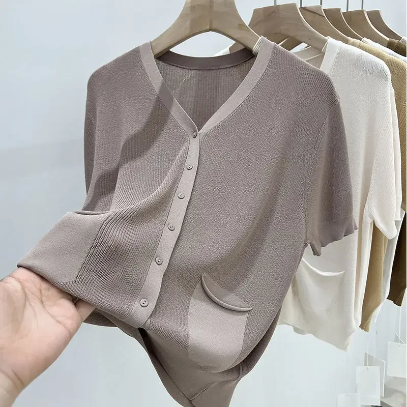 Korean Loose Pullover V-neck Ice Silk Short Sleeve T-shirt Women Solid Patchwork Screw Thread Fake Cardigan Pocket Knit Top N791