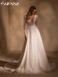 Illusion Deep V-neck Backless Wedding Dress Shiny Sequins Pearls Bridal Gown 2025 Customized A-line Long Dresses For Bride