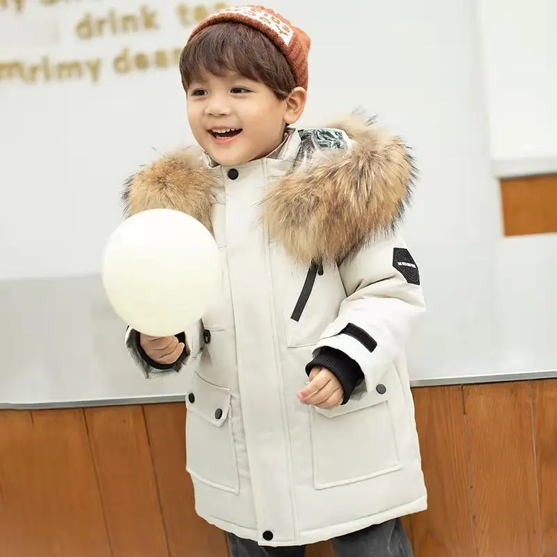 

Children's down jacket winter warm girl's down jacket coat thickened down jacket with fur collar hat boy's thickened tr