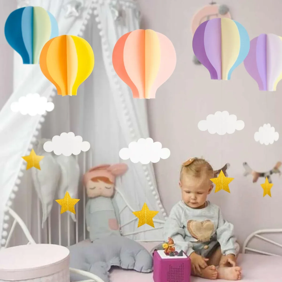 Hot Air Balloon Hanging Paper Decoration Clouds Star Hanging Paper Garland for Kids Bedroom Decor, Wedding Birthday Party Supply