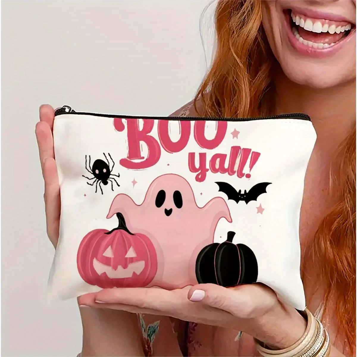AHalloween – trousse de maquillage à motif de citrouille fantôme rose, pochette multifonctionnelle à fermeture éclair, sac de rangement de bijoux, petite fermeture éclair de voyage parfaite