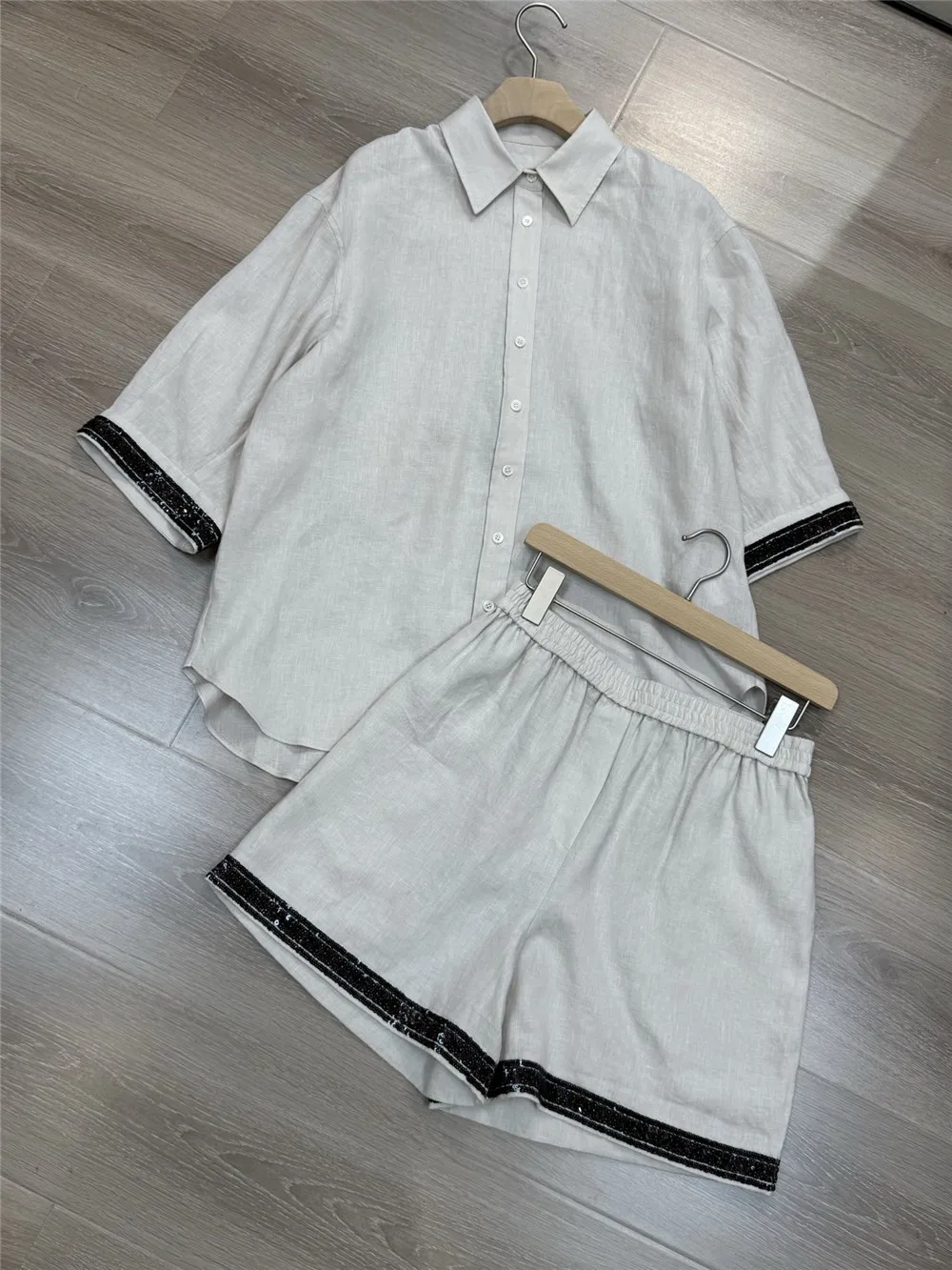 

Women's Linen Sequined Beaded Lape Shirt/Drawstring Pants/High Waist Shorts 3-Piece Set