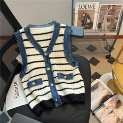 2024 Spring And Autumn New Niche French Style Small Fragrance Contrasting V-neck Sweater For Women's Unique Shoulder Vest Top