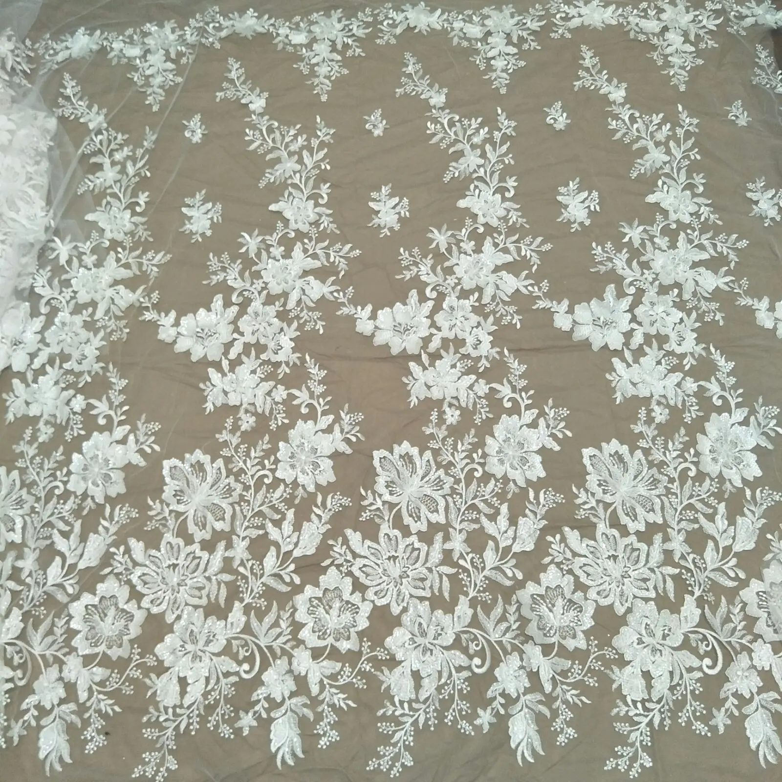 fashion leafs bridal lace fabric with sequins 130cm width dress lace fabric sell by yard