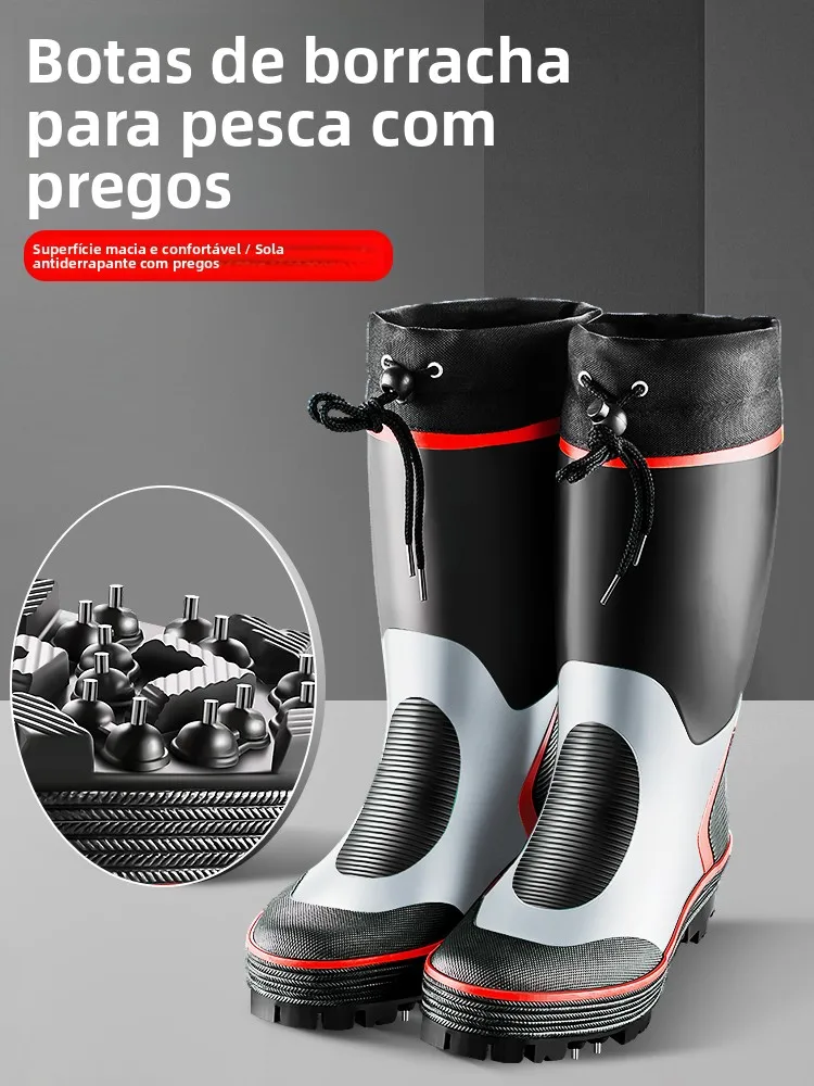 high-tube-rain-boots-steel-nail-bottom-rubber-fishing-shoes-anti-slip-coastal-fishing-shoes-beach-trekking-sream-tramping