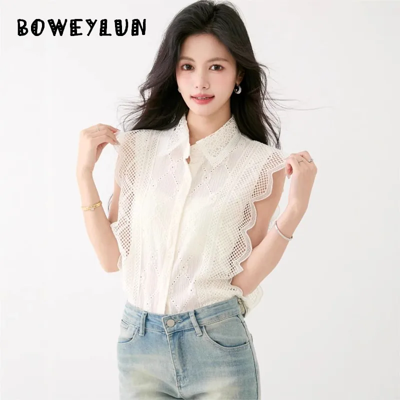 

Женская летняя рубашка BOWEYLUN во французском стиле с кружевными вставками, без рукавов, удобная и дышащая, белая, с воротником-поло