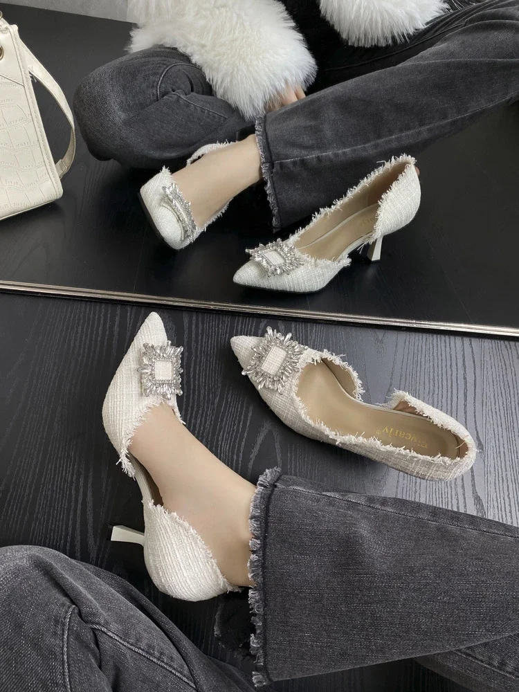 Décolleté da donna con strass di Design bianco primavera moda punta a punta femminile tacco alto poco profondo eleganti scarpe da lavoro da donna