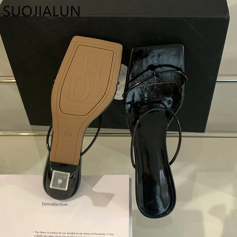 SUOJIALUN 2023 Summer Women Slipper Fashon Narrow Band Ladies Elegant Dress Sandal Shoes Thin Med Heel Square Toe Slides Shoes