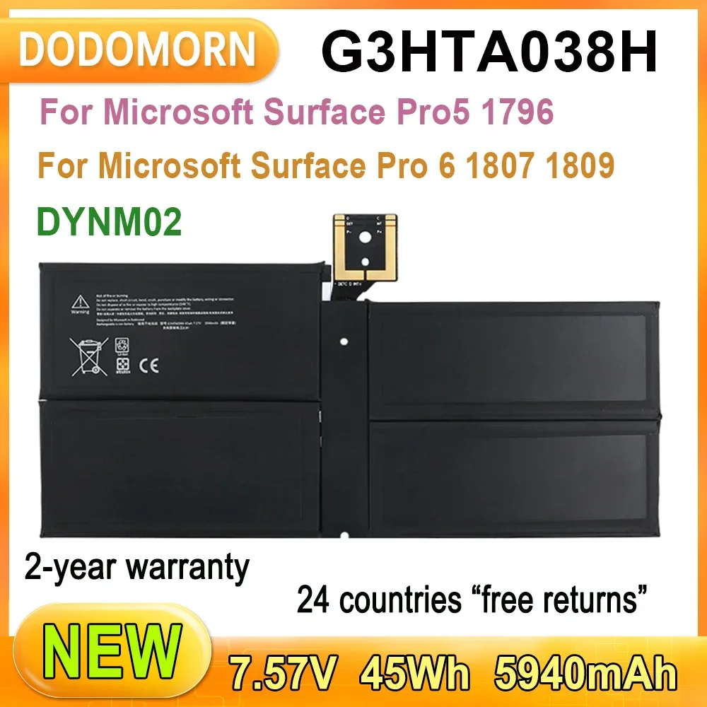 

New 5940mAh G3HTA038H DYNM02 Laptop Battery For Microsoft Surface Pro 6 1807 1809 For Microsoft Surface Pro5 1796 45WH/7.57V