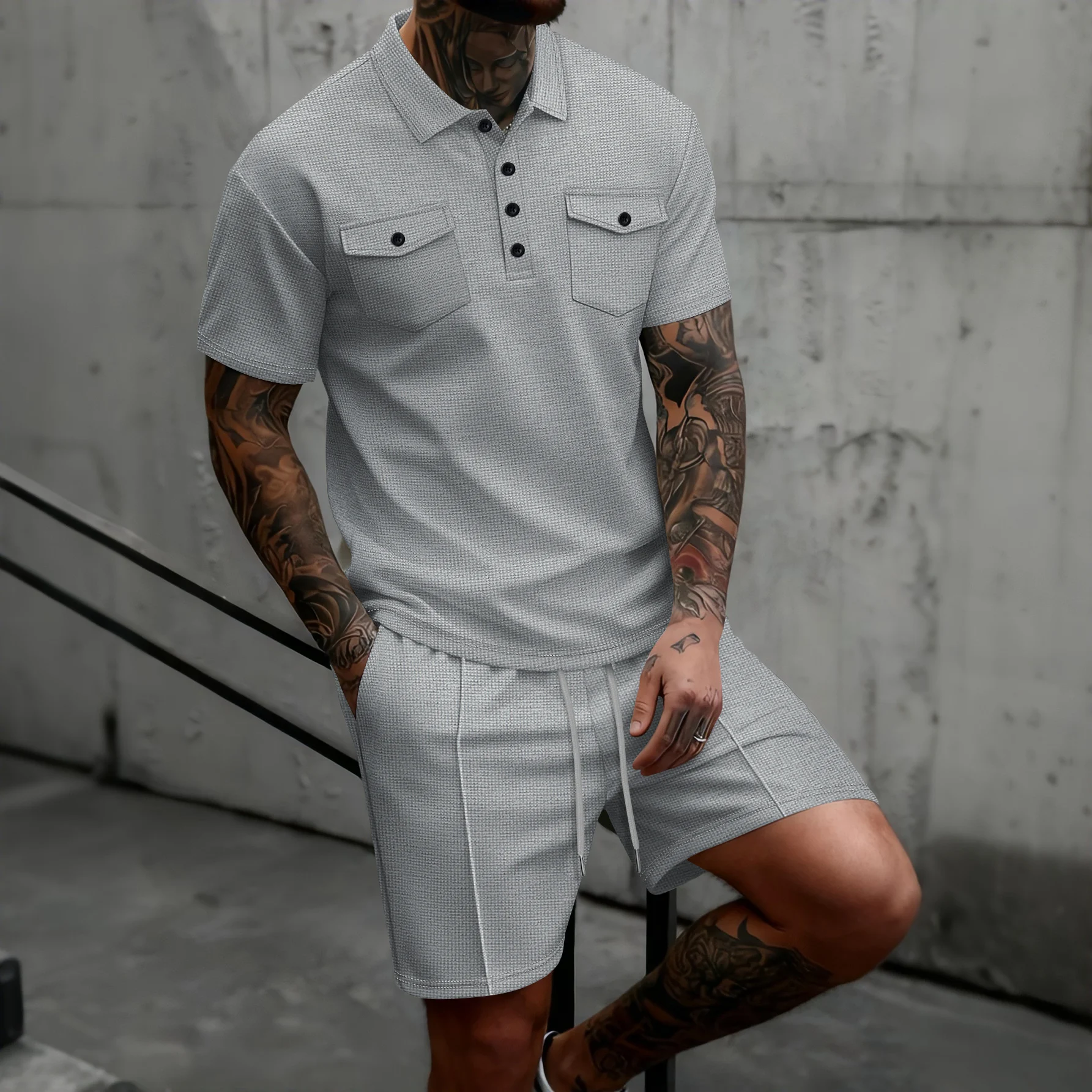 2026 Neues Herren Waffelstrick Doppeltaschen-Polo Zweiteiler Set S-3XL