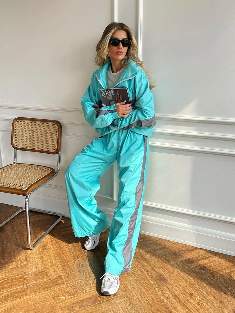 

Women's Casual Loose Long Sleeve Solid Color Pants Sets Fashion New Block Zipper Open Cardigan Contrast Top Long Pant Sporty Set