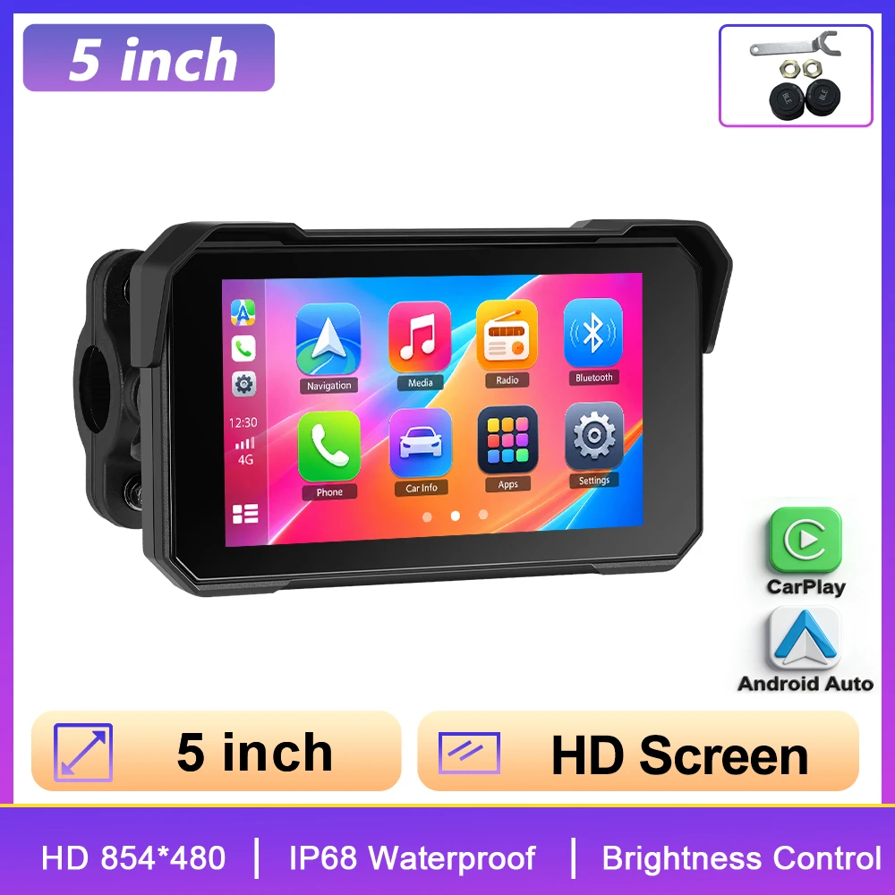 Podofo 5-calowy IPS Smart Player do motocykla, przenośny, bezprzewodowy CarPlay, Android Auto, monitor motocyklowy, CarPlay, DVR, GPS, wodoodporność IP68, BT5.0, monitor EQ, obsługa monitorowania