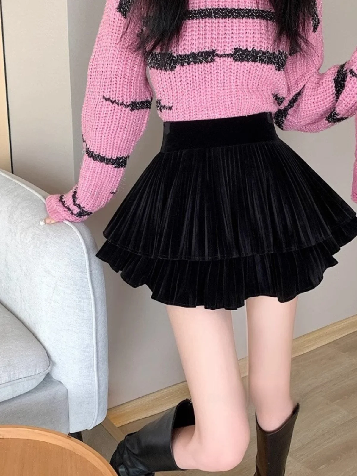 

Slimming Effect Velvet Skirt Women's Winter ort Bla High Waist Puffy f-length A-line Pleated Skirt Commute Sle
