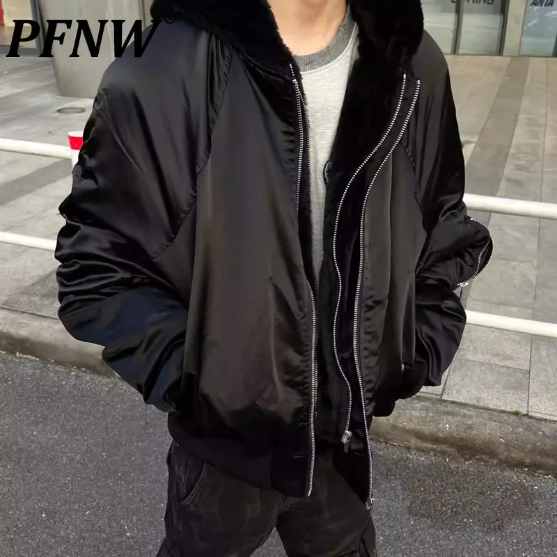 PFNW High Street Men's Black Cotton-padded Coat Machete Silhouette Fake Two Piece Fur Hooded Oversized Winter Colothes CPG2411