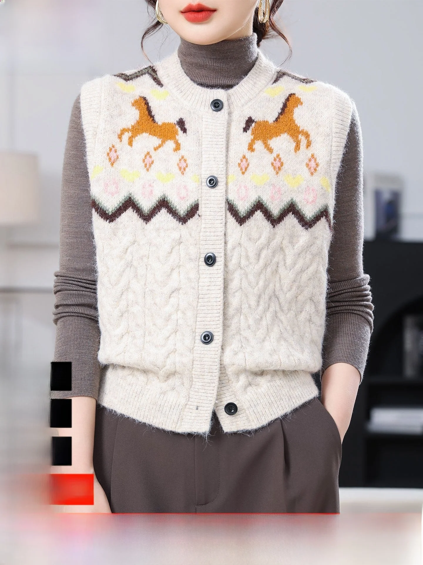 

Erdos Spring New 00 Woolen Knitted Sweater Women's round Ne Svel Embroidered Vest Warmth Outerwear Casual Sle