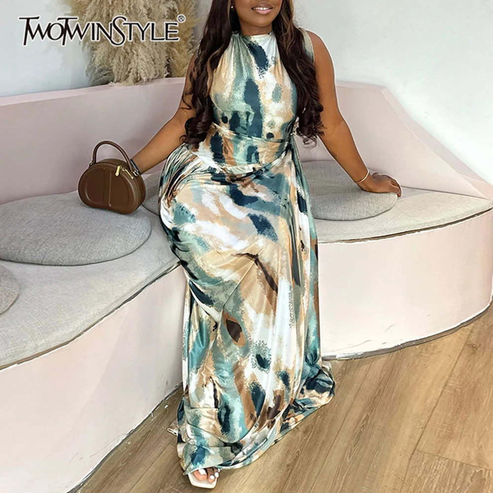 Ziml casual estilo praia impressão vestidos longos para mulheres em torno do pescoço sem mangas cintura alta emagrecimento dobras chique vestido feminino novo