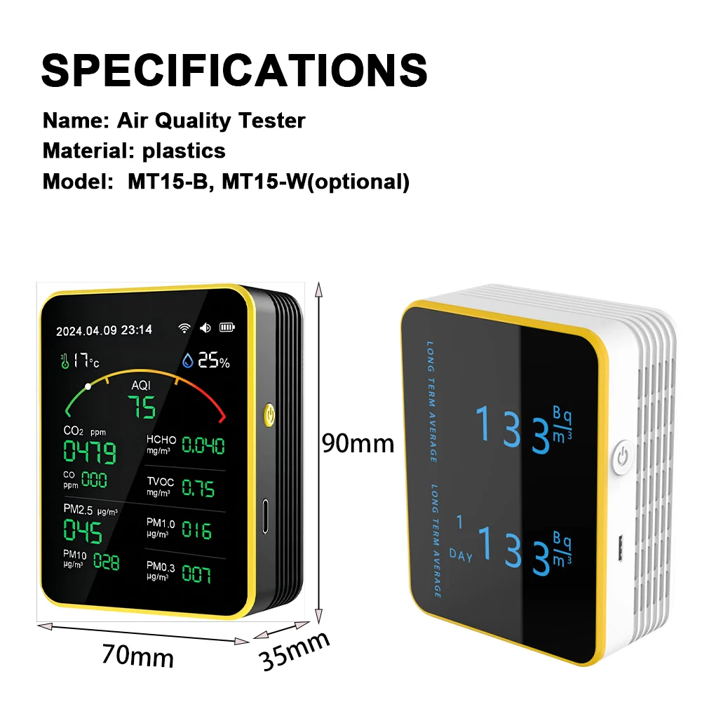 Tuya WiFi 15 in 1 Air Quality Detector Household Portable AQI PM0.3 PM1.0 PM2.5 PM10 CO CO2 TVOC HCHO Tester with Alarm Function