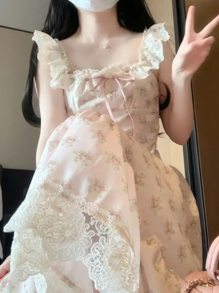 French Sweet Gentle Lace Trim Floral Dress Women New Summer Elegant Slim Fit Artistic Style Clothes A-Line Fashion Dress 2025 - Image 4