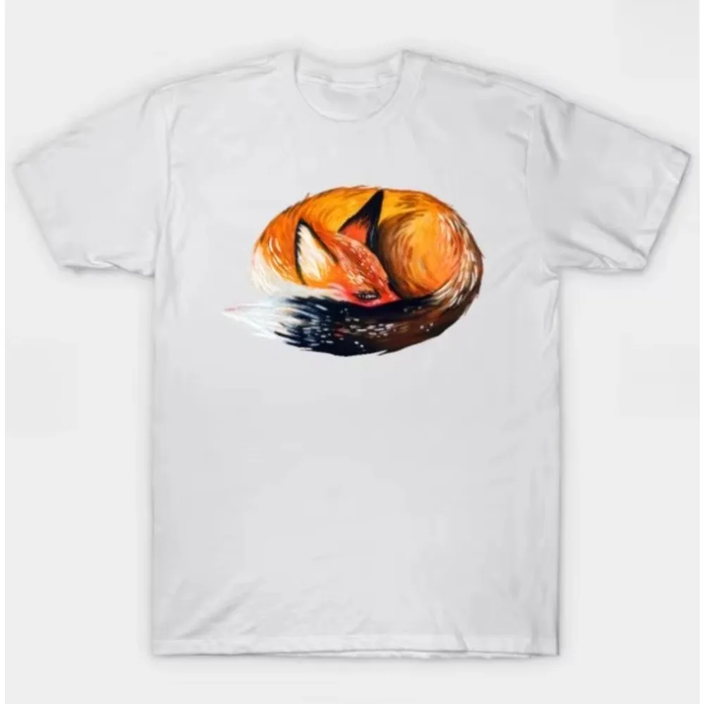 Cute Sleeping Fox Graphic T Shirt Cotton Watercolor Woodland Fox Design Short-sleeved Tee Boho Retro Aesthetic Top for Women Men