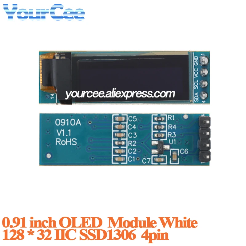 0.91 inch OLED Display LCD screen module resolution 128*32 IIC I2C interface SSD1306 driver white 4pin