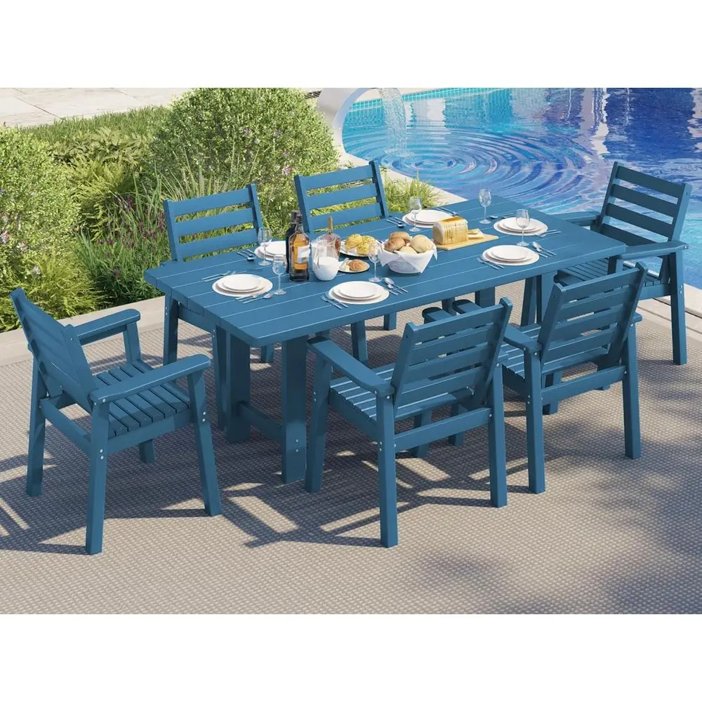 

7-Piece Outdoor HDPE Dining Set with 6 Chairs, 71 Patio Table, Umbrella Hole, Blue