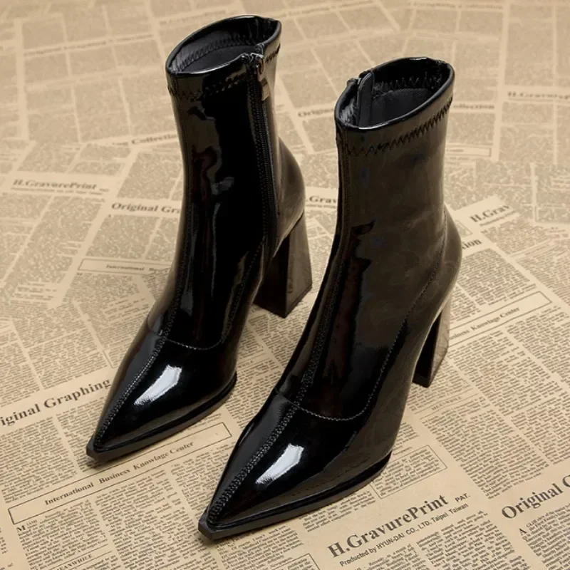 Autumn Womnen\'s High Heel Ankle Boots New Winter Plus Velvet Pointed Toe Chunky Heel Chelsea Boots for Women Heeled Shoes Dress