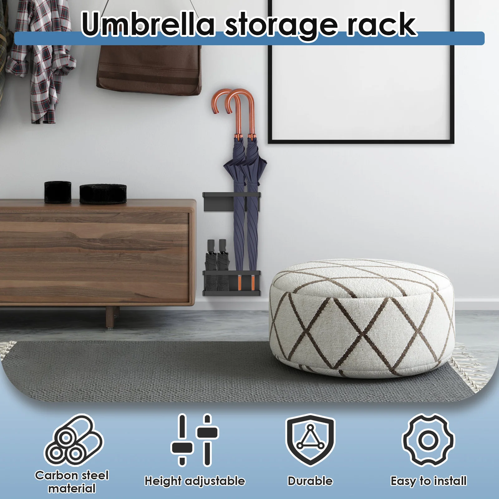 Wall Mounted Umbrella Stand Holder Adjustable Height Carbon Steel Entryway Umbrella Storage Shelf Hanger Organizer