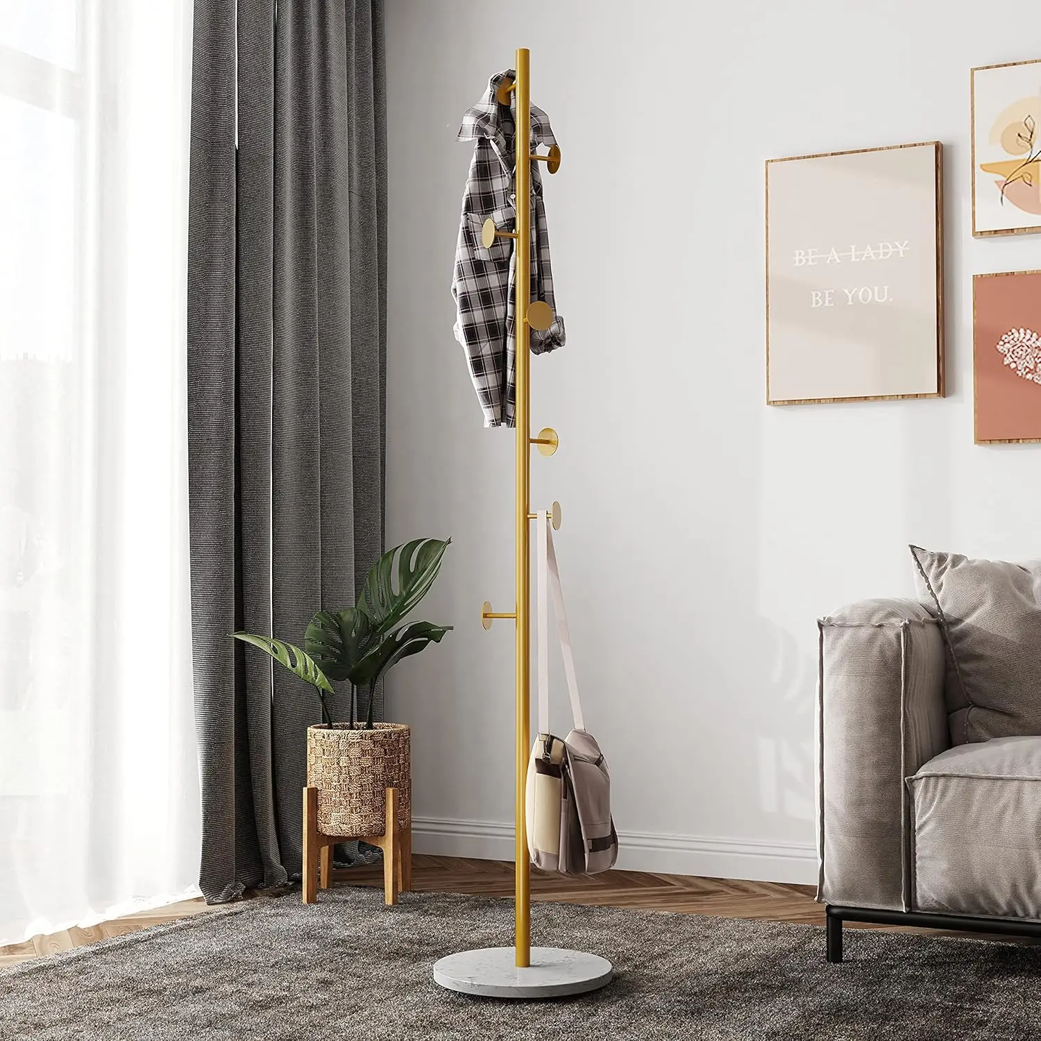 

TIEOU Free-standing Coat Rack Gold, Hat Hanger Hall Tree, Metal Coat Hangers for Scarves, Backpacks, Purses, Simple Coat Stand,