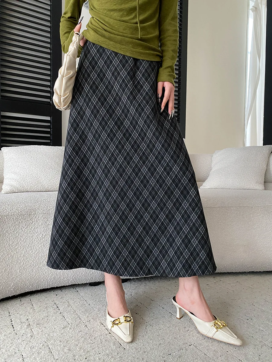 Autumn new retro diamond grid pattern hanging feeling slimming high waisted skirt