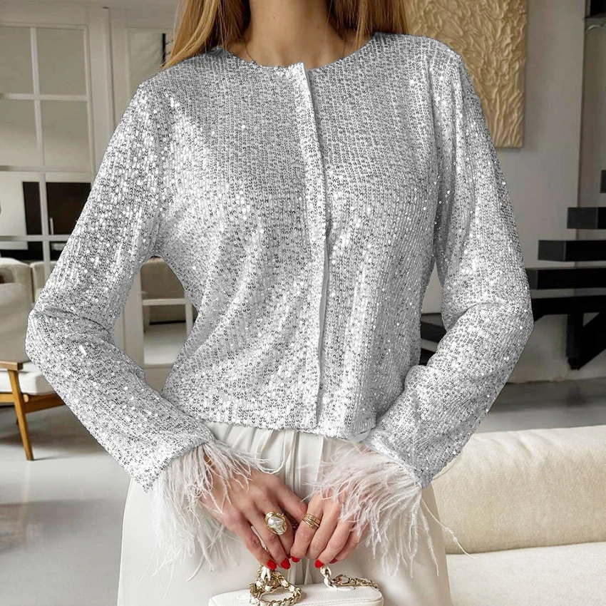 

Linad Street Chic Серебряная однобортная блузка женская осенняя повседневная рубашка с длинными рукавами и блестками модные женские топы с круглым вырезом 2025